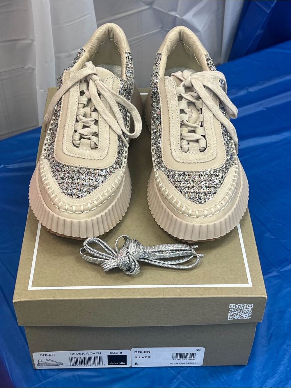 Women's Silver Woven Platform Sneakers - Fashion Lace-Up